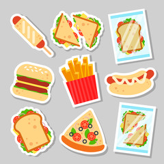 Fast food set sticker for luncheonette menu design. Unhealthy street food patch, hamburger pizza sausage dough sandwich french fries snack - flat vector illustration