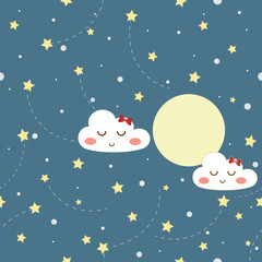 Little cute white clouds float near full moon and full of stars on blue sky background in the night. Vector art design seamless pattern to present bright emotion good night and sweet dream for kids.