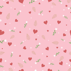 Cute vector art seamless pattern with red heart shape white flower and brown leaf on pastel blue background in minimal abstract concept for love theme on Valentine day and wallpaper or other design.
