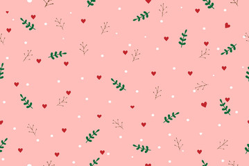 Cute and sweet vector art seamless pattern with red heart shape, green leaf, brown branch and white snow dot on pastel pink background for love theme on Valentine day and wallpaper or other design.