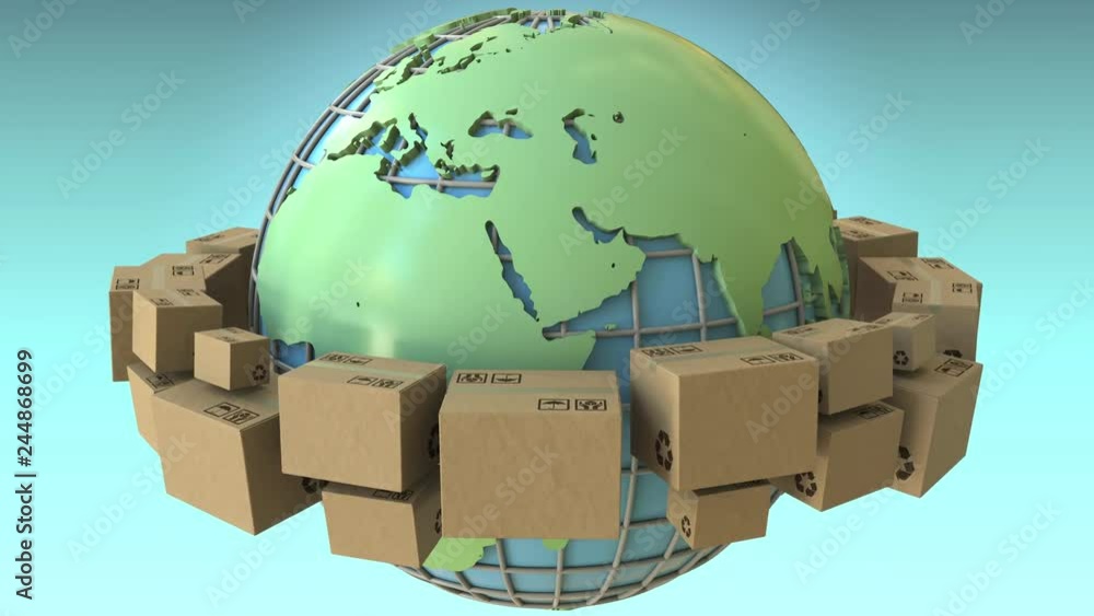 Poster many boxes rotate around the world, europe and africa emphasized. conceptual loopable 3d animation