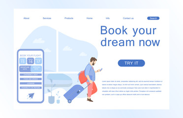 Landing page template of Book your flight. Modern flat design concept of web page design for website and mobile website. Vector illustration in flat design