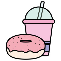 plastic cup with straw and donut