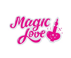 Magic love hand drawn text and a bottle of a love potion illustration. 