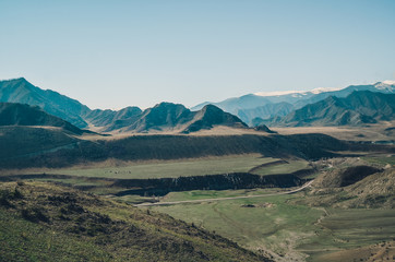 Mountain landscape. View of the valley with a beautiful plateau Chui tract, Altai. Valley Chuya.