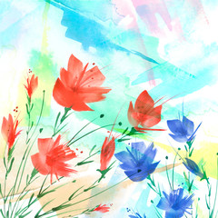Watercolor bouquet of flowers, Beautiful abstract splash of paint, fashion illustration.Orchid flowers, poppy, cornflower, peony, rose, field or garden flowers. Watercolor abstract. Greeting card