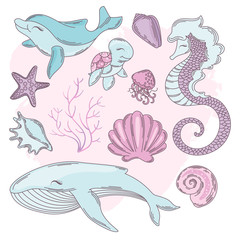 UNDERWATER Cartoon Travel Tropical Vector Illustration Set for Print, Fabric and Decoration.