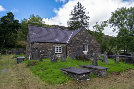 Old village church and cemetery in mountains of Wales.