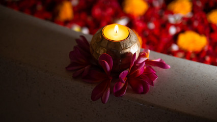 candle with flowers. Luxury spa. Rest body and soul.Beauty Style. Romantic gift for Valentine's Day.