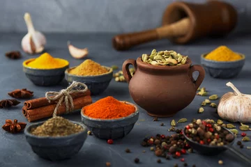 Rolgordijnen Various colorful spices on wooden table © alefat