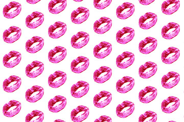 Print of kiss lips women, pink female lipstick, glamorous sensual red girl lip on white background. Sexy sweet kissing, open mouth, pop art, minimal style, makeup seamless pattern.