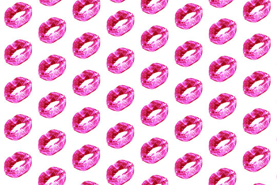 Print of kiss lips women, pink female lipstick, glamorous sensual red girl lip on white background. Sexy sweet kissing, open mouth, pop art, minimal style, makeup seamless pattern. - Powered by Adobe