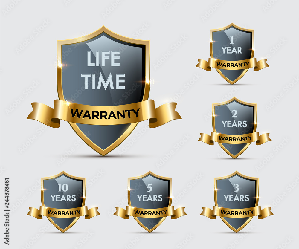 Poster glass shields with golden frames and ribbons with different warranty texts. vector warranty shields 