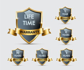 Glass shields with golden frames and ribbons with different warranty texts. Vector warranty shields isolated on transparent background.