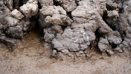 Dry cracked soil, Arid climate. Volcanic landscape around volcano. mountainous relief after volcanic eruption