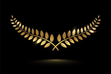 Golden shiny laurel wreath isolated on black background. Vector design element.