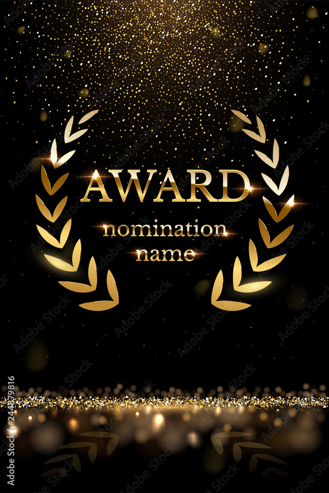 Wall mural golden shiny award sign with laurel wreath isolated on dark luxury background with golden glitter. v
