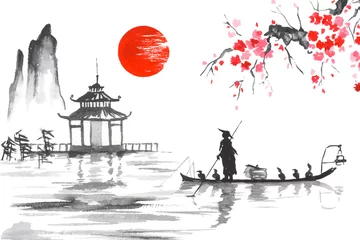 Abwaschbare Fototapete Spa Japan Traditionelle japanische Malerei Sumi-e-Kunst Japan Traditionelle japanische Malerei Sumi-e-Kunst Mann mit Boot
