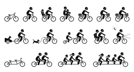 Bicycle accessories and equipments. Pictograms depicts type of bicycle attachments, seats, gears, and parts for adult, child, pet dog, and family. Tandem bicycle for two, three, and four seater.