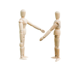 Argument concept. Two wooden puppets are discussing something on white background.