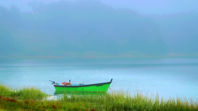 Nice little dinghy rowboat moored in a foggy marshland on Cape Cod