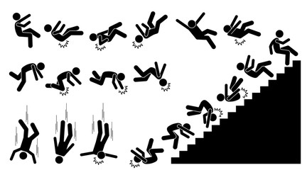 Man falling and felling down. Pictogram shows a person fall down and knock on different parts of the body. The injuries are on back, elbow, head, knee, and neck. He also fell down from the staircases.