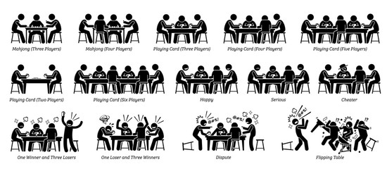 People playing game card, poker card, and mahjong on the table. Pictogram depicts different number of players, reactions, emotions, feelings, and actions of the men who are playing the game card. - obrazy, fototapety, plakaty