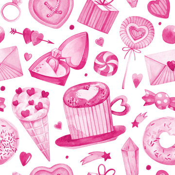 Seamless watercolor hand painted pattern on white background. Soft pink Valentine's day hearts, gem, candy, cup, donut, envelope, gift, ring. Perfectfor gift cards, collages and other design purposes