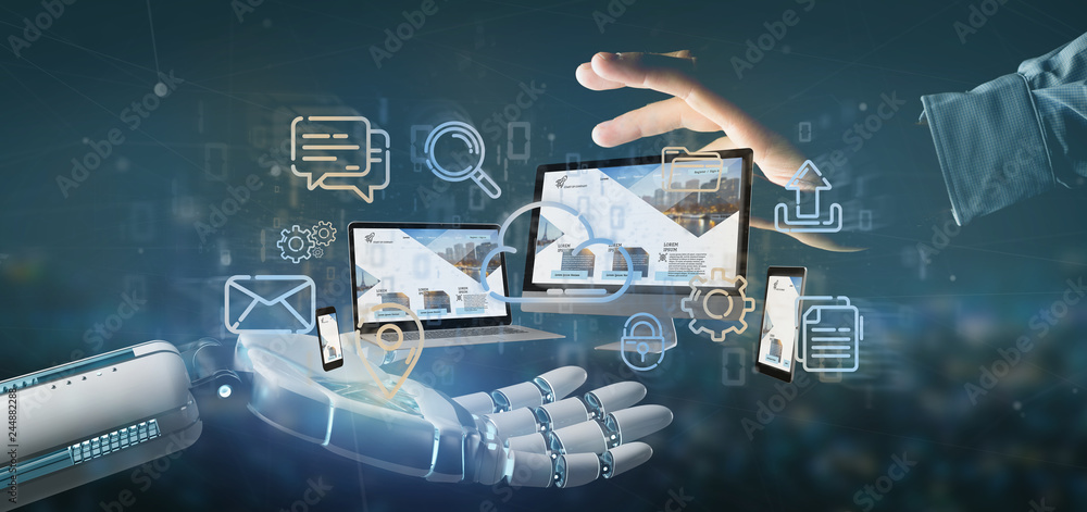 Aufkleber cyborg hand holding a devices connected to a cloud multimedia network 3d rendering