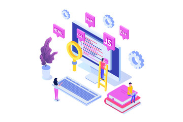 Programming Software or app development isometric concept, big data processing. Vector  illustration