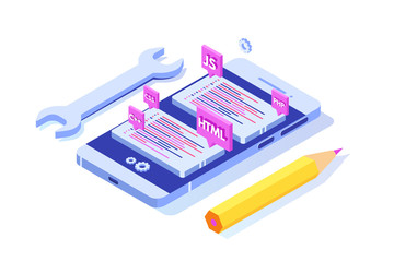 Programming Software or app development isometric concept, big data processing. Vector  illustration
