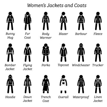 Women jackets and coats. Stick figure pictogram depicts a set of different type of jackets and coats. This fashion clothing designs are wear by woman, females, ladies, and girls.