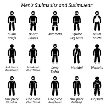 Men swimsuits and swimwear. Stick figures depict different types of swimming  suits fashion wear by man or male. Stock Vector