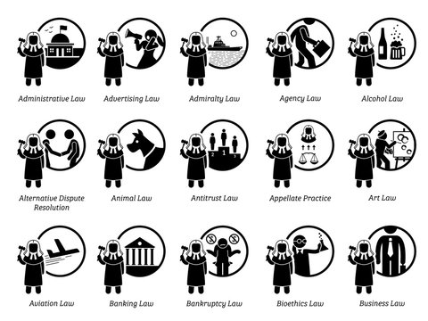 Different type of laws. Icons depict field and area of laws, justice, jurisdictions, regulations, and legal system. Part 1 of 7.