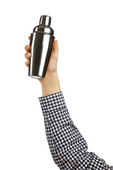 Conceptual picture of the bartender. Hand holds a shaker isolated on a white background. Man hand isolated on white. Bartender work. Free copy space for text or logo. Barmen's inventory, equipment