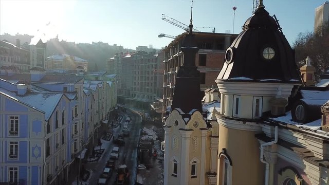 Aerial drone footage. Panorama of podil in kiev