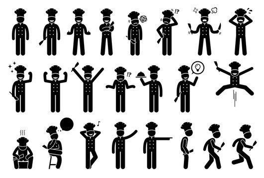 Chef basic poses, feelings, actions, and emotions. Stick figures shows the chef or cook is feeling happy, sad, angry, and successful. Other actions include standing up, sitting, walking, and running.