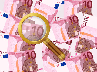 magnifier on ten euro background