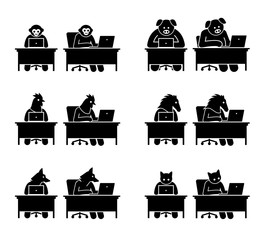 Different type of animals using computer to surf the Internet. Icons depict monkey, pig, chicken, horse, wolf, and cat working on a laptop and go online.