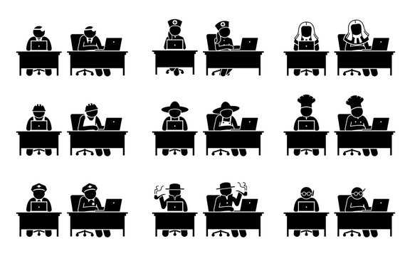 Different jobs of people using Internet through the computer. Icons depict doctor, nurse, judge, industrial worker, farmer, chef, police, detective, and researcher working online with a laptop.