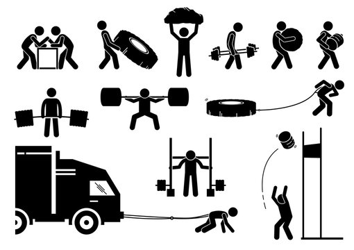 Strength athletics strongman competition icons. Stick figure depicts participant of strongman event competing their power strength, energy, and endurance.