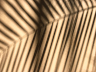 Palm leaf silhouette soft focus on rough light orange background. Sunlight through green leaf and reflect on wall to be black color.