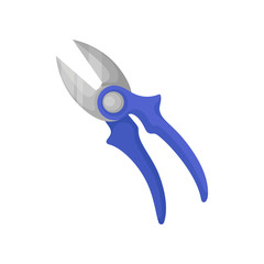Flat vector icon of pruning shears with sharp metal blades and bright blue rubber handles. Garden instrument