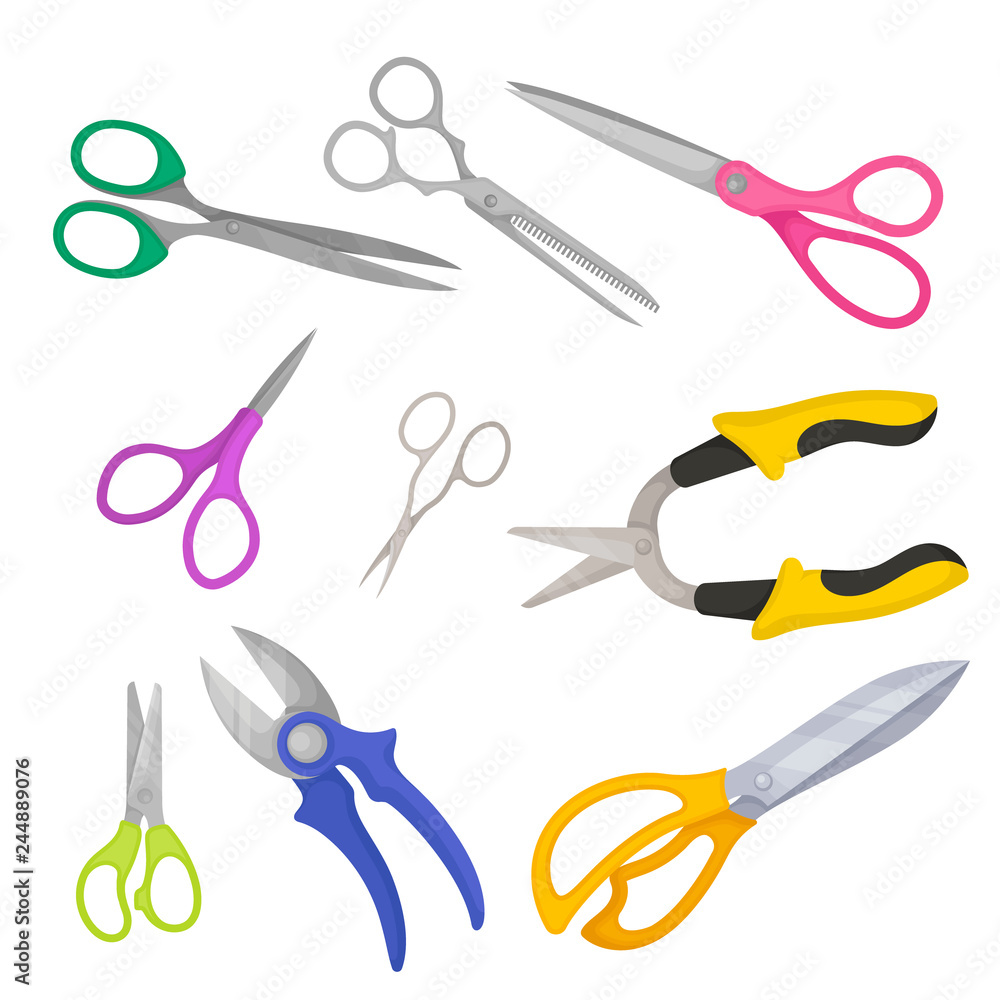 Poster flat vector set of different types of scissors. steel shears for different purposes. cutting instrum