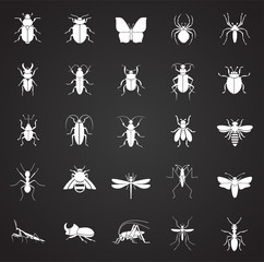 Insects icons set on black background for graphic and web design, Modern simple vector sign. Internet concept. Trendy symbol for website design web button or mobile app