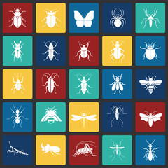 Insects icons set on color squares background for graphic and web design, Modern simple vector sign. Internet concept. Trendy symbol for website design web button or mobile app