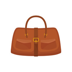 Leather women handbag. Casual brown bag with two small pockets and belt. Female accessory. Cartoon vector design