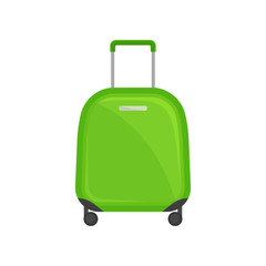 Small bright green suitcase on wheels. Travel bag with telescopic handle. Tourist baggage. Flat vector icon