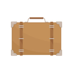 Vintage brown suitcase with small handle, belts and metal corners. Retro travel bag. Flat vector design