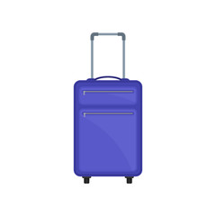 Purple cloth suitcase on wheels. Large travel bag with metal handle and two zippered pockets. Flat vector icon